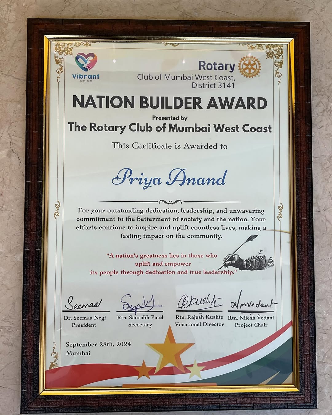 National Builder Award (The Rotary Club of Mumbai West Coast)